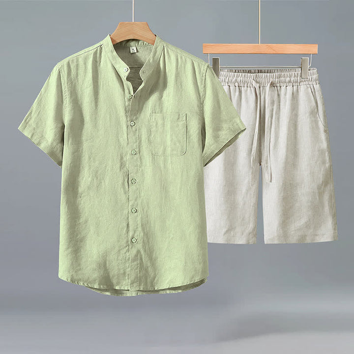 Buddha Stones Conjunto de 2 piezas de ropa informal de verano estilo Tang: camisa de manga corta con botones, pantalones cortos de lino liso para hombre, ideal para meditación, con bolsillo. - Camisa verde + pantalones beige - US/UK/AU42, EU52 (3XL) - image 6