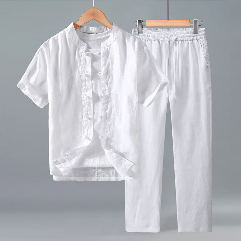 Buddha Stones Conjunto de 2 piezas: Camisa y pantalón de lino liso estilo Tang para meditación, con botones de rana, ideal para hombres. - Blanco - US/UK/AU42, EU52 (3XL) - image 8