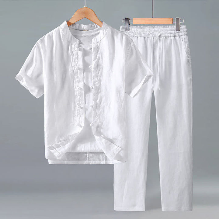 Buddha Stones Conjunto de 2 piezas: Camisa y pantalón de lino liso estilo Tang para meditación, con botones de rana, ideal para hombres. - Blanco - US/UK/AU42, EU52 (3XL) - image 8