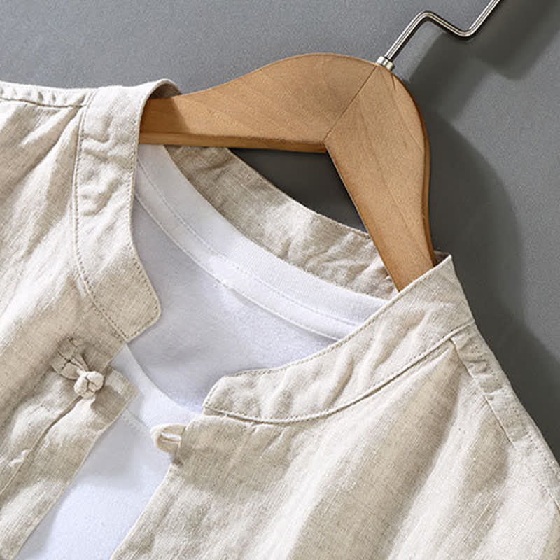 Buddha Stones Conjunto de 2 piezas: Camisa y pantalón de lino liso estilo Tang para meditación, con botones de rana, ideal para hombres. - image 1