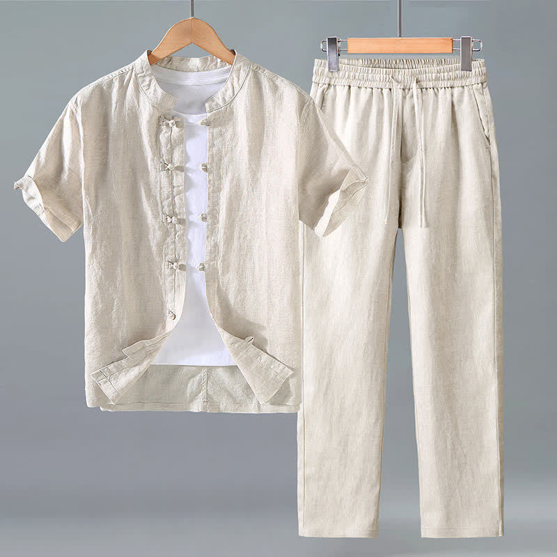 Buddha Stones Conjunto de 2 piezas: Camisa y pantalón de lino liso estilo Tang para meditación, con botones de rana, ideal para hombres. - Lino - US/UK/AU42, EU52 (3XL) - image 0