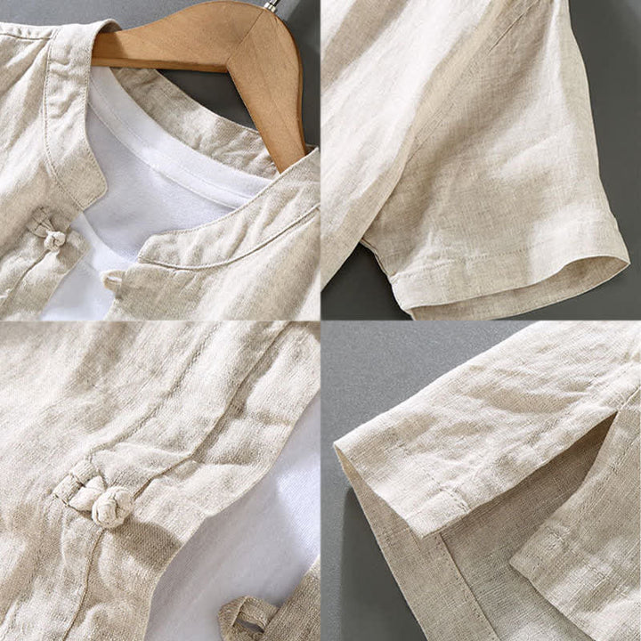 Buddha Stones Conjunto de 2 piezas: Camisa y pantalón de lino liso estilo Tang para meditación, con botones de rana, ideal para hombres. - image 5