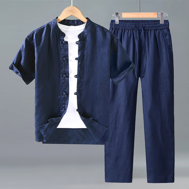 Buddha Stones Conjunto de 2 piezas: Camisa y pantalón de lino liso estilo Tang para meditación, con botones de rana, ideal para hombres. - Azul medianoche - US/UK/AU42, EU52 (3XL) - image 7