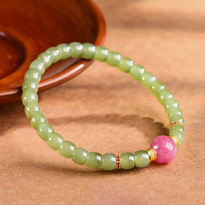Buddha Stones Pulsera de rodonita con cuentas redondas de jade para la suerte - Jade natural (el color puede variar) - image 0