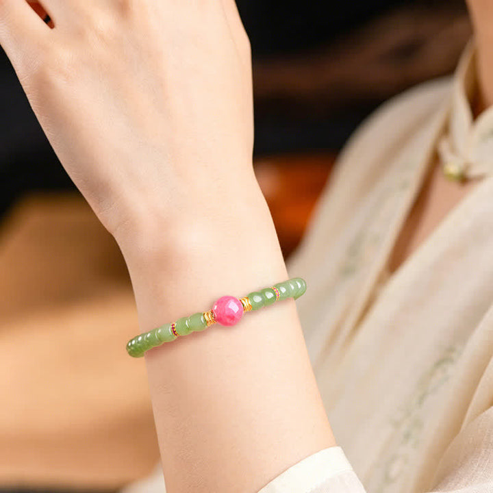 Buddha Stones Pulsera de rodonita con cuentas redondas de jade para la suerte - image 4