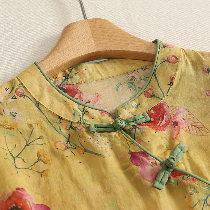 Buddha Stones Camiseta sin mangas de verano estilo Tang vintage con botones de rana y estampado floral rojo para mujer. - image 2