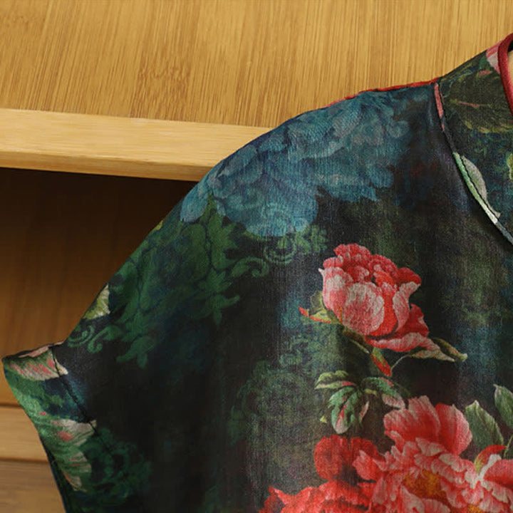 Buddha Stones Camiseta sin mangas elegante de estilo veraniego con cuello mandarín y estampado floral de peonías para mujer. - image 5