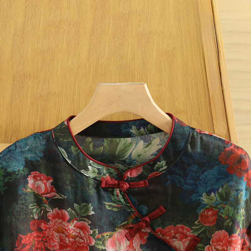 Buddha Stones Camiseta sin mangas elegante de estilo veraniego con cuello mandarín y estampado floral de peonías para mujer. - image 3