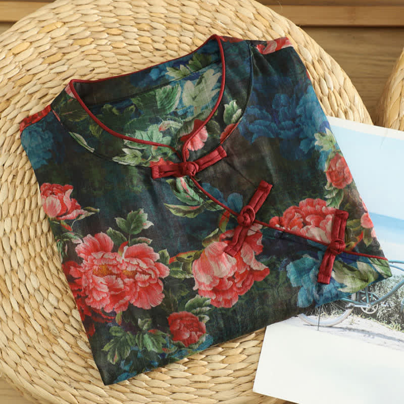 Buddha Stones Camiseta sin mangas elegante de estilo veraniego con cuello mandarín y estampado floral de peonías para mujer. - image 2