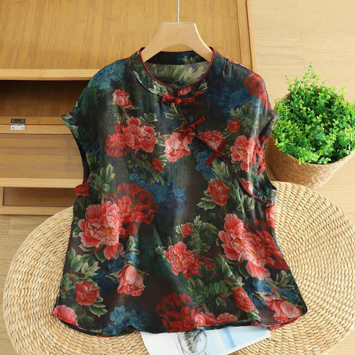 Buddha Stones Camiseta sin mangas elegante de estilo veraniego con cuello mandarín y estampado floral de peonías para mujer. - Negro - US12, UK/AU16, EU44 (2XL) - image 0