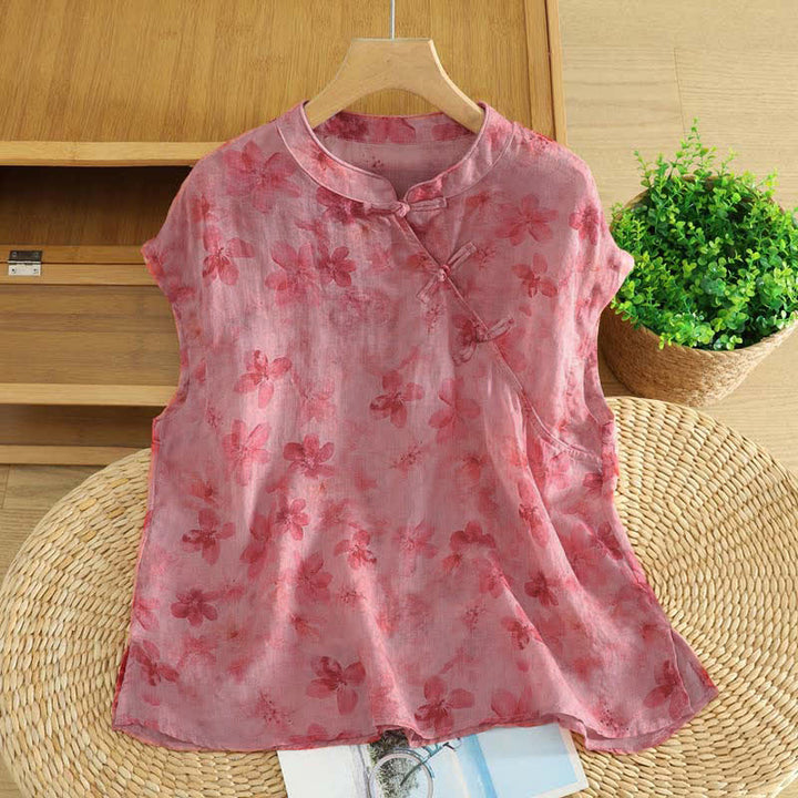 Buddha Stones Camiseta sin mangas de mujer estilo Tang informal con cuello mandarín y estampado floral rosa. - Rojo violeta pálido - US12, UK/AU16, EU44 (2XL) - image 0