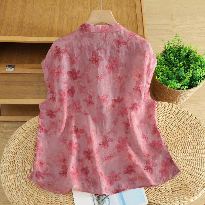 Buddha Stones Camiseta sin mangas de mujer estilo Tang informal con cuello mandarín y estampado floral rosa. - image 1