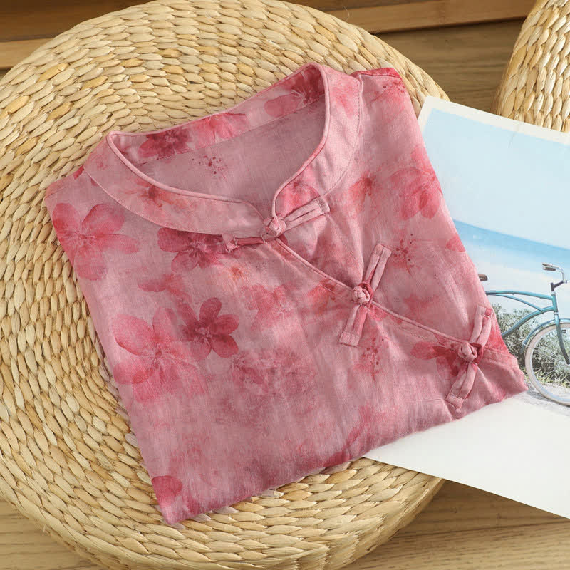 Buddha Stones Camiseta sin mangas de mujer estilo Tang informal con cuello mandarín y estampado floral rosa. - image 2