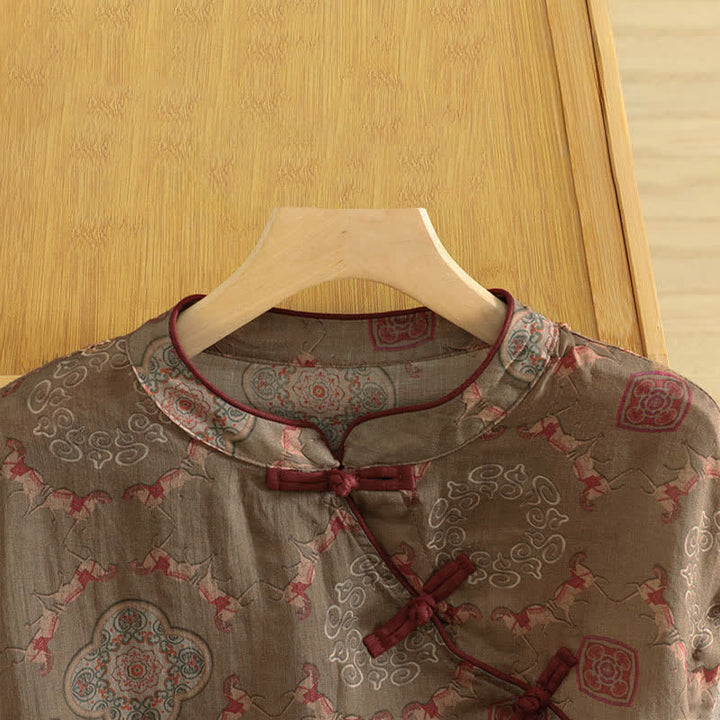 Buddha Stones Camiseta sin mangas para mujer estilo Summer Tang vintage con cuello mandarín, botones de rana y estampado floral de calabaza. - image 3