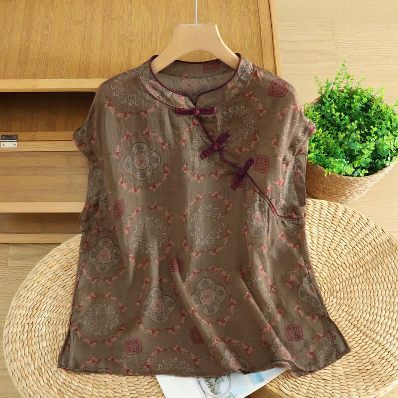 Buddha Stones Camiseta sin mangas para mujer estilo Summer Tang vintage con cuello mandarín, botones de rana y estampado floral de calabaza. - Tierra de siena - US12, UK/AU16, EU44 (2XL) - image 0