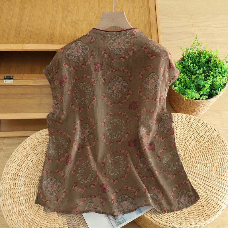 Buddha Stones Camiseta sin mangas para mujer estilo Summer Tang vintage con cuello mandarín, botones de rana y estampado floral de calabaza. - image 1