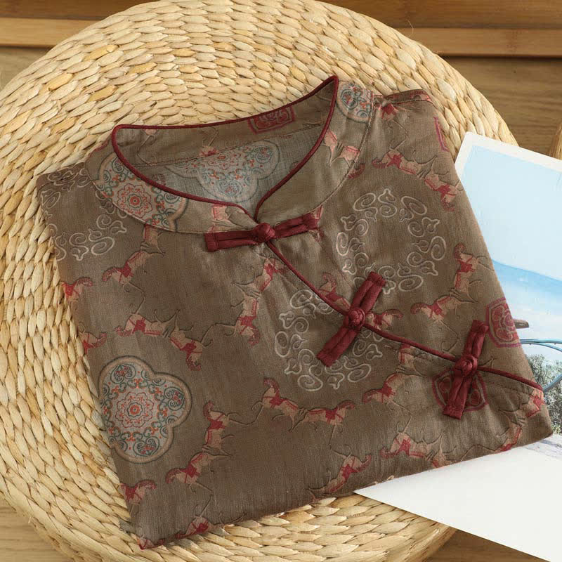Buddha Stones Camiseta sin mangas para mujer estilo Summer Tang vintage con cuello mandarín, botones de rana y estampado floral de calabaza. - image 2