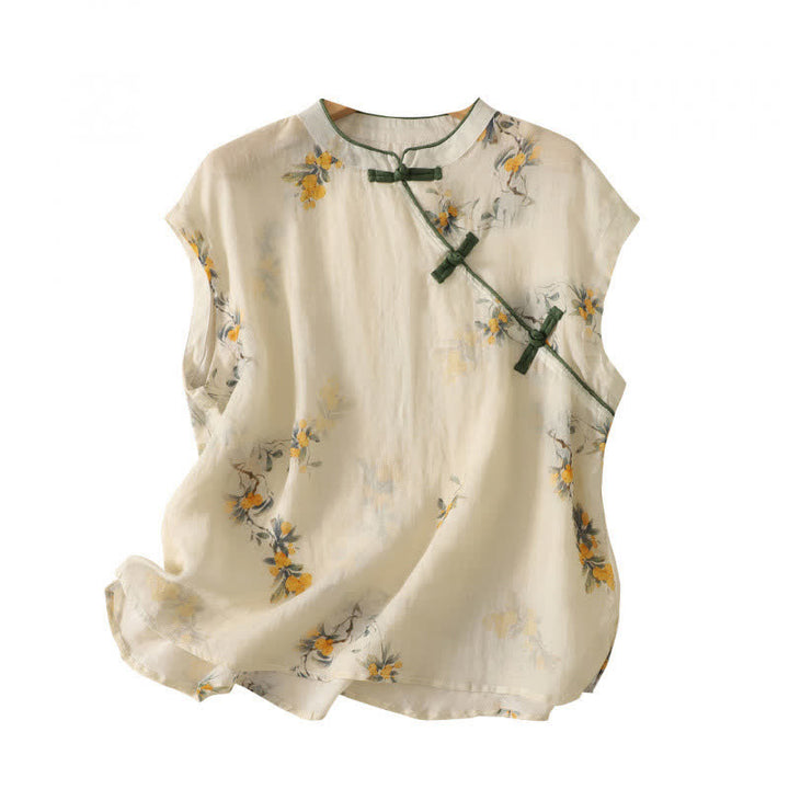 Buddha Stones Camiseta sin mangas para mujer estilo Summer Tang vintage con cuello mandarín y estampado floral de níspero amarillo. - image 2