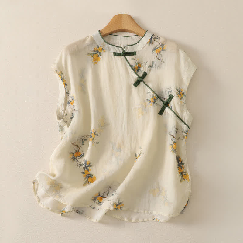 Buddha Stones Camiseta sin mangas para mujer estilo Summer Tang vintage con cuello mandarín y estampado floral de níspero amarillo. - Beige - Sin mangas - US12, UK/AU16, EU44 (2XL) - image 0