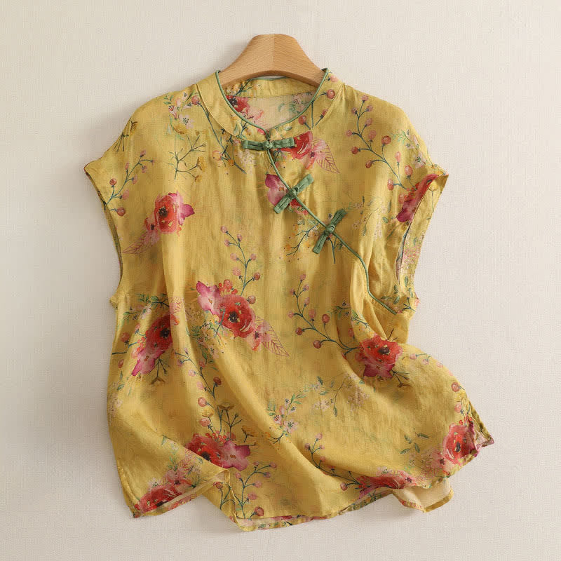 Buddha Stones Camiseta sin mangas para mujer estilo Summer Tang Vintage Frog Button Orchid Floral - Caqui - Sin mangas - US12, UK/AU16, EU44 (2XL) - image 21