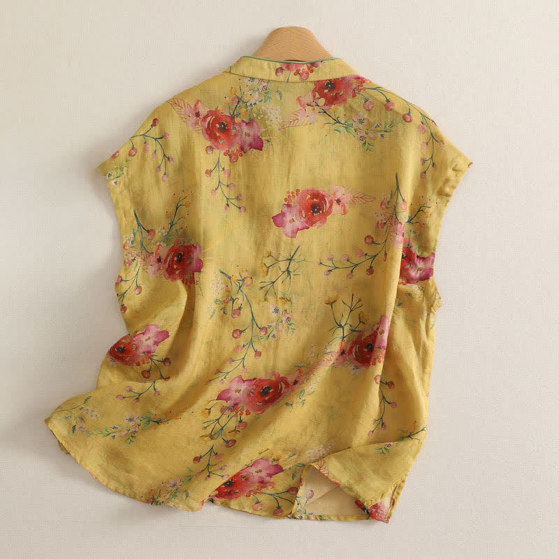 Buddha Stones Camiseta sin mangas para mujer estilo Summer Tang Vintage Frog Button Orchid Floral - image 22
