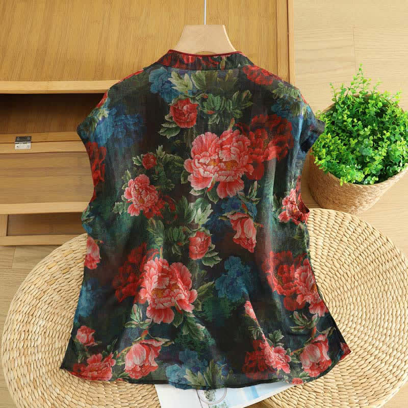 Buddha Stones Camiseta sin mangas para mujer estilo Summer Tang Vintage Frog Button Orchid Floral - image 21