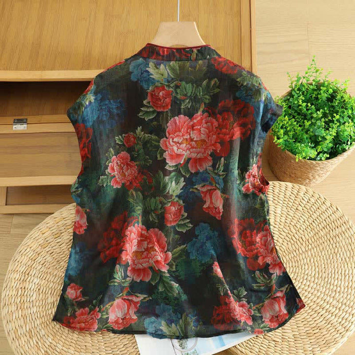 Buddha Stones Camiseta sin mangas para mujer estilo Summer Tang Vintage Frog Button Orchid Floral - image 21