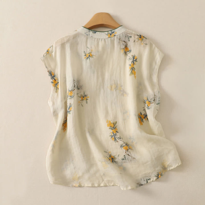 Buddha Stones Camiseta sin mangas para mujer estilo Summer Tang Vintage Frog Button Orchid Floral - image 12