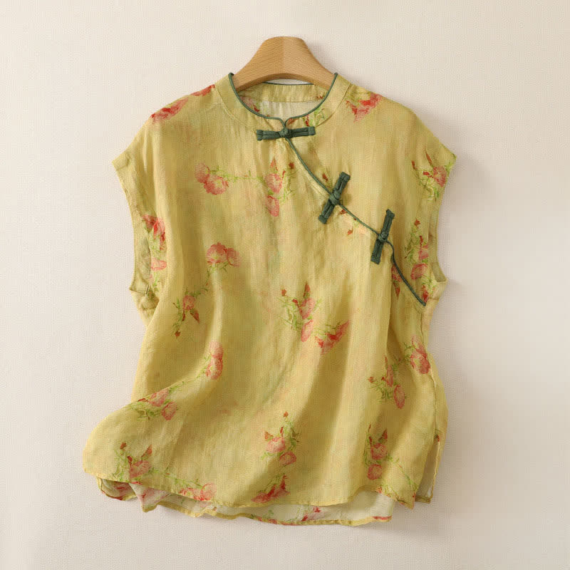 Buddha Stones Camiseta sin mangas para mujer estilo Summer Tang Vintage Frog Button Orchid Floral - vara de oro pálida - Sin mangas - US12, UK/AU16, EU44 (2XL) - image 30
