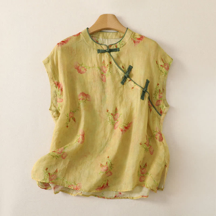 Buddha Stones Camiseta sin mangas para mujer estilo Summer Tang Vintage Frog Button Orchid Floral - vara de oro pálida - Sin mangas - US12, UK/AU16, EU44 (2XL) - image 30