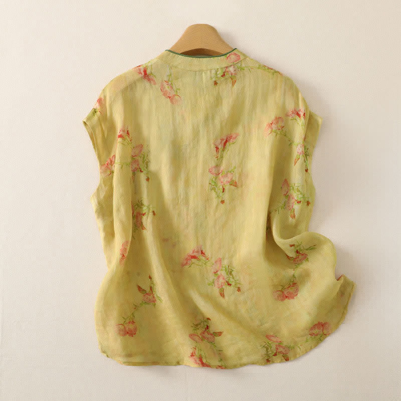 Buddha Stones Camiseta sin mangas para mujer estilo Summer Tang Vintage Frog Button Orchid Floral - image 31