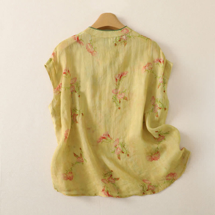 Buddha Stones Camiseta sin mangas para mujer estilo Summer Tang Vintage Frog Button Orchid Floral - image 31