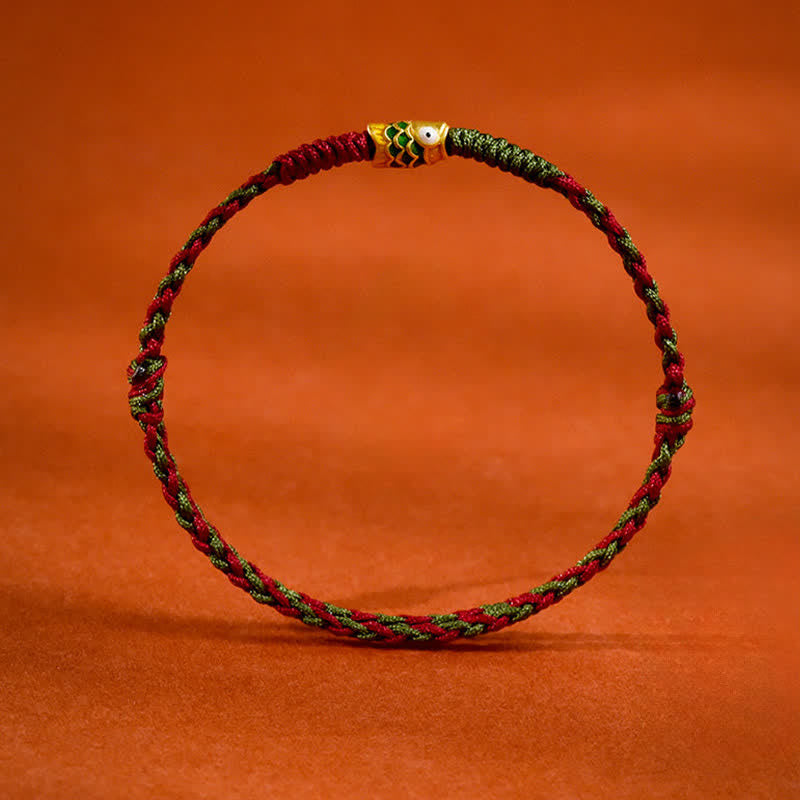 Buddha Stones Pulsera tobillera de oro 999 trenzado con hilo de colores rojo y verde con diseño de pez koi para la buena suerte. - image 1