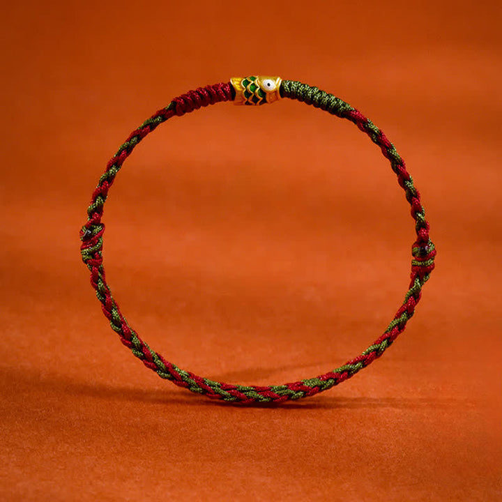 Buddha Stones Pulsera tobillera de oro 999 trenzado con hilo de colores rojo y verde con diseño de pez koi para la buena suerte. - image 1