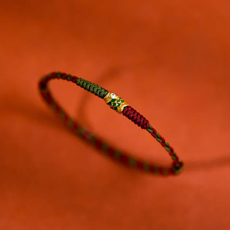 Buddha Stones Pulsera tobillera de oro 999 trenzado con hilo de colores rojo y verde con diseño de pez koi para la buena suerte. - image 8