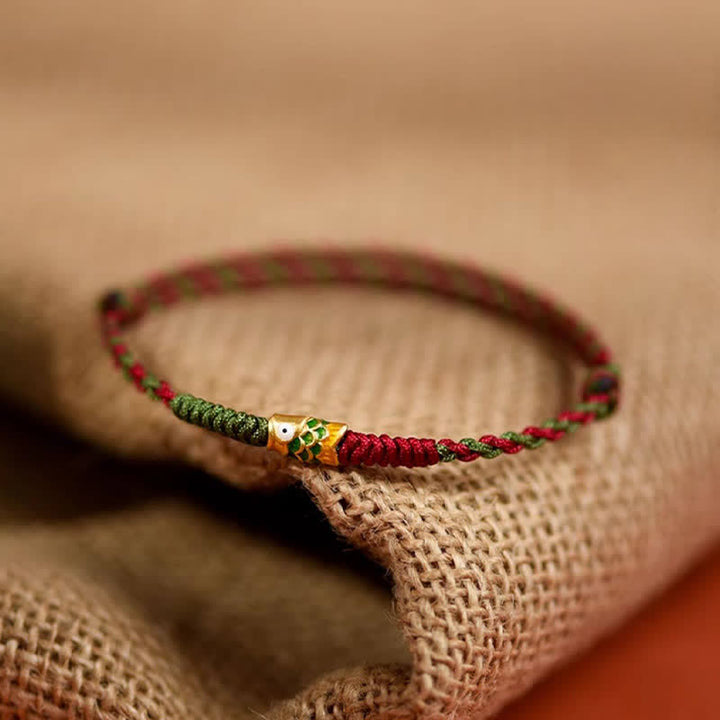 Buddha Stones Pulsera tobillera de oro 999 trenzado con hilo de colores rojo y verde con diseño de pez koi para la buena suerte. - image 14