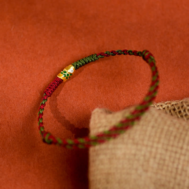 Buddha Stones Pulsera tobillera de oro 999 trenzado con hilo de colores rojo y verde con diseño de pez koi para la buena suerte. - image 13