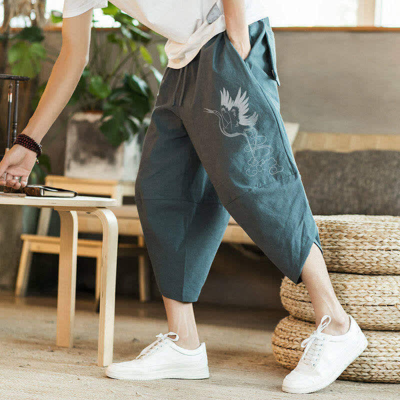 Buddha Stones Pantalones capri casuales de verano estilo vintage con cordón y estampado de grullas, pantalones harem para hombre con bolsillo. - image 1