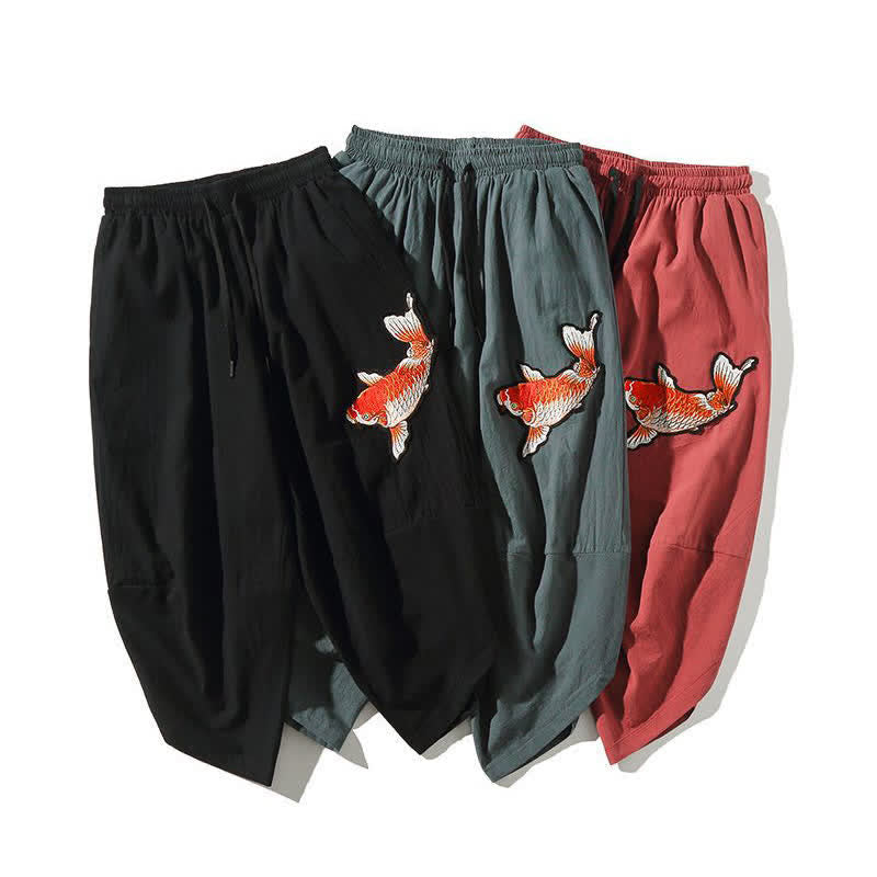 Buddha Stones Pantalones capri estilo Tang de verano con cordón y estampado de peces koi, pantalones harem para hombre con bolsillo - image 16