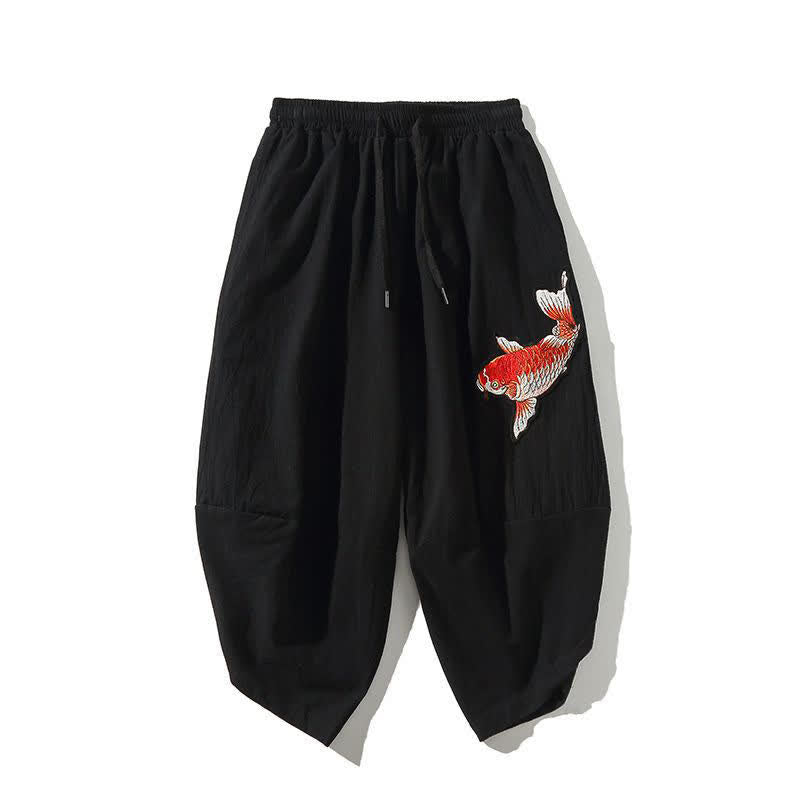Buddha Stones Pantalones capri estilo Tang de verano con cordón y estampado de peces koi, pantalones harem para hombre con bolsillo - Negro - US/UK/AU46, EU56 (5XL) - image 12