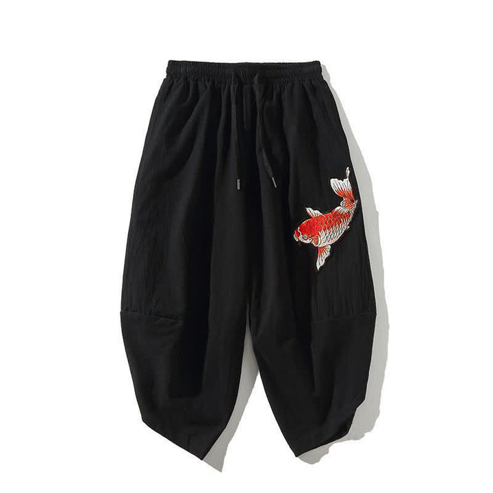 Buddha Stones Pantalones capri estilo Tang de verano con cordón y estampado de peces koi, pantalones harem para hombre con bolsillo - Negro - US/UK/AU46, EU56 (5XL) - image 12