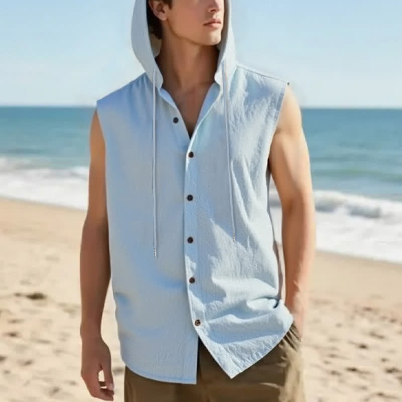 Buddha Stones Camiseta sin mangas lisa de verano informal minimalista con botones y cordón ajustable para hombre. - image 1