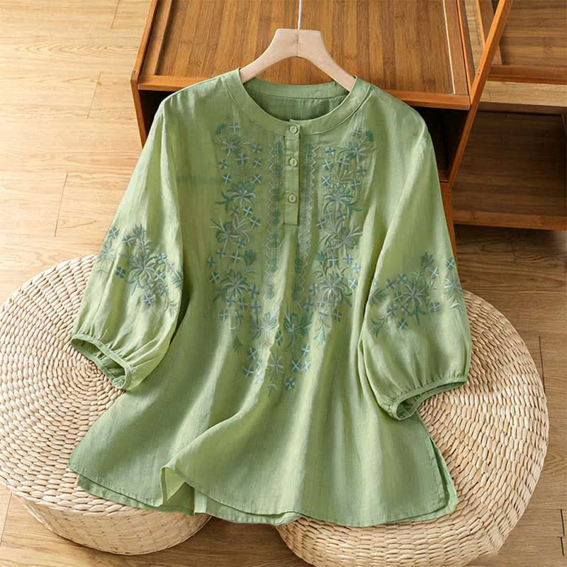 Buddha Stones Camisas de manga corta para mujer, estilo casual veraniego vintage con bordado floral. - Verde pálido - US8-10, UK/AU12-14, EU40-42 (2XL) - image 0