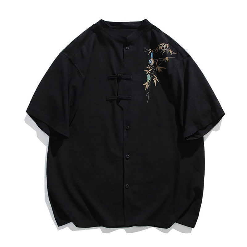 Buddha Stones Camisas de manga corta para hombre estilo Tang de verano con cuello mandarín, botones de rana y bordado de hojas. - Negro - US/UK/AU46, EU56 (5XL) - image 0