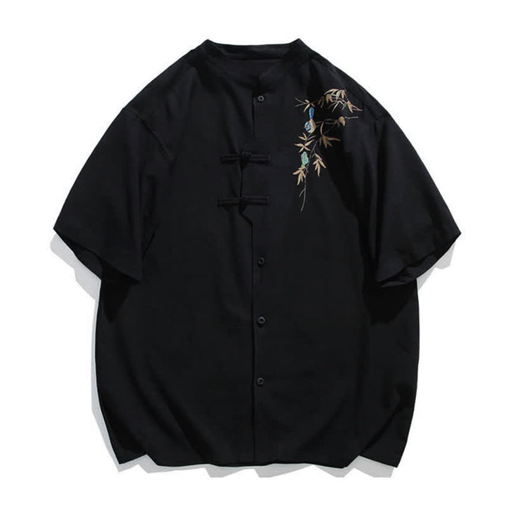 Buddha Stones Camisas de manga corta para hombre estilo Tang de verano con cuello mandarín, botones de rana y bordado de hojas. - Negro - US/UK/AU46, EU56 (5XL) - image 0