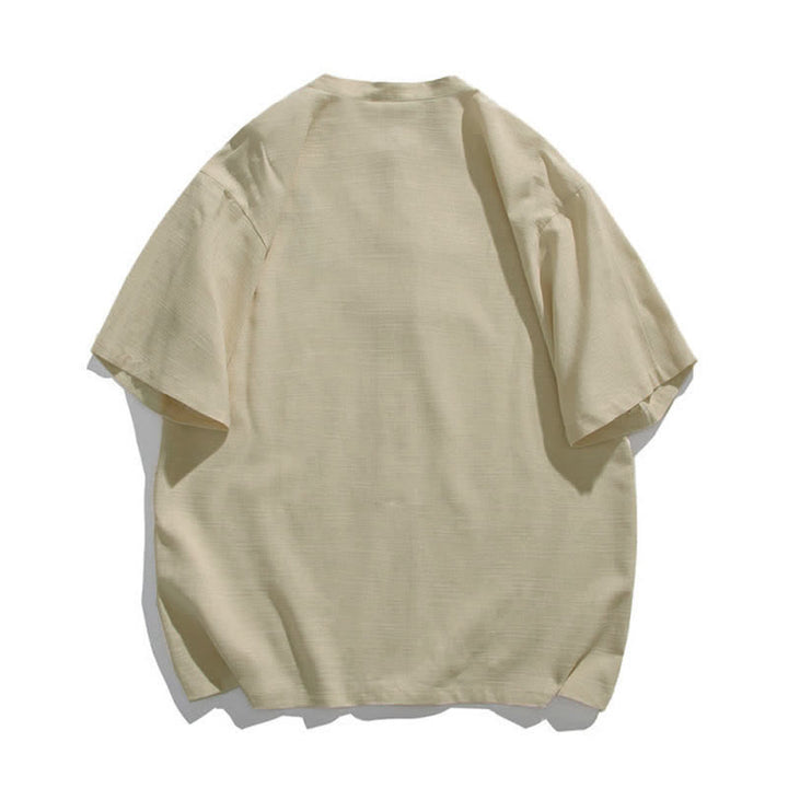 Buddha Stones Camisas de manga corta para hombre estilo Tang de verano con cuello mandarín, botones de rana y bordado de hojas. - image 3