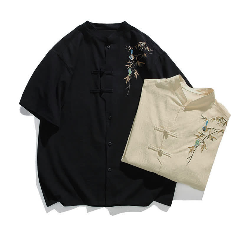 Buddha Stones Camisas de manga corta para hombre estilo Tang de verano con cuello mandarín, botones de rana y bordado de hojas. - image 16