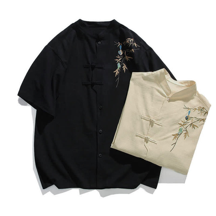 Buddha Stones Camisas de manga corta para hombre estilo Tang de verano con cuello mandarín, botones de rana y bordado de hojas. - image 16