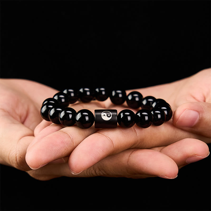 Buddha Stones Pulsera de cuentas cilíndricas con incrustaciones de madera de ébano y símbolo de equilibrio Yin Yang. - image 10