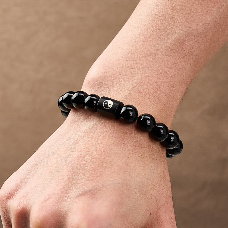 Buddha Stones Pulsera de cuentas cilíndricas con incrustaciones de madera de ébano y símbolo de equilibrio Yin Yang. - image 11